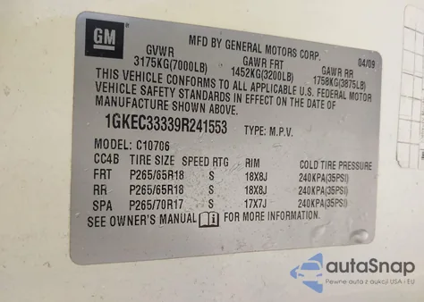 2009 GMC Yukon Slt2 z USA, uszkodzony, nr VIN 1GKEC33339R241553